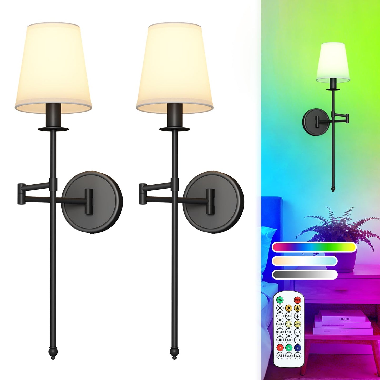 KELIDEN Battery Operated Wall Sconces Set of 2, 24.8" Wireless LED Wall Light with Remote, 9000mAh Rechargeable, RGB & 9CCT Stepless Dimmable, Modern