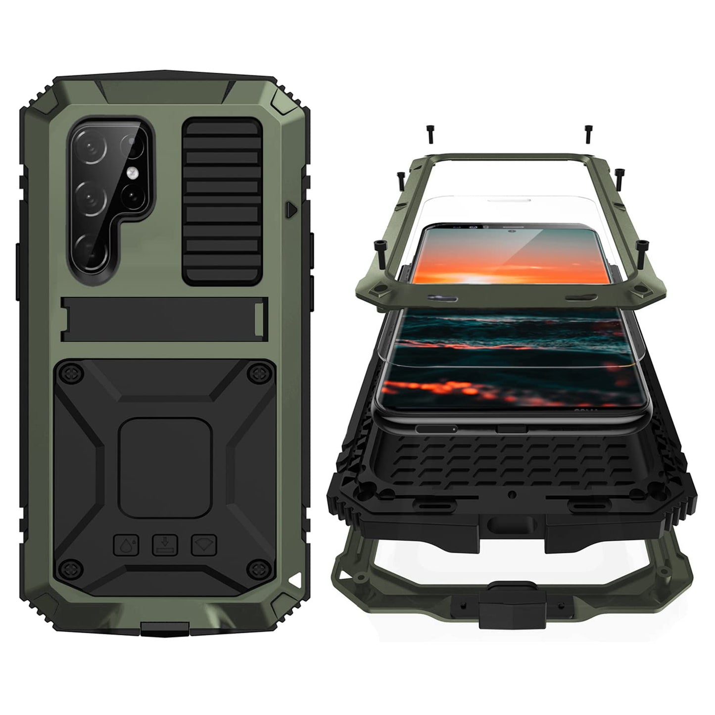 Simicoo Compatible with Samsung S23 Ultra Metal Military Case with Stand Screen Protector Camera Protection Rugged Heavy Duty Shockproof Full Body
