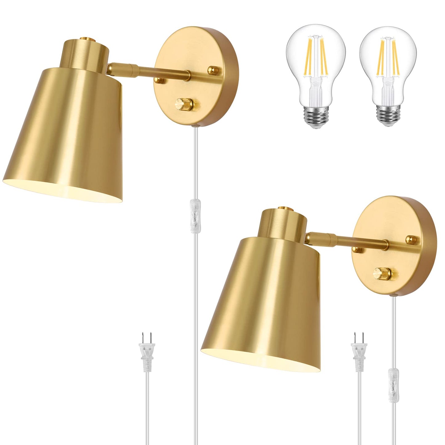 VATONI Plug in Wall Sconces, Dimmable Wall Sconces Adjustable Angle Wall Lights with Plug in Cord and Dimmer On/Off Knob Switch, Gold Wall Mounted