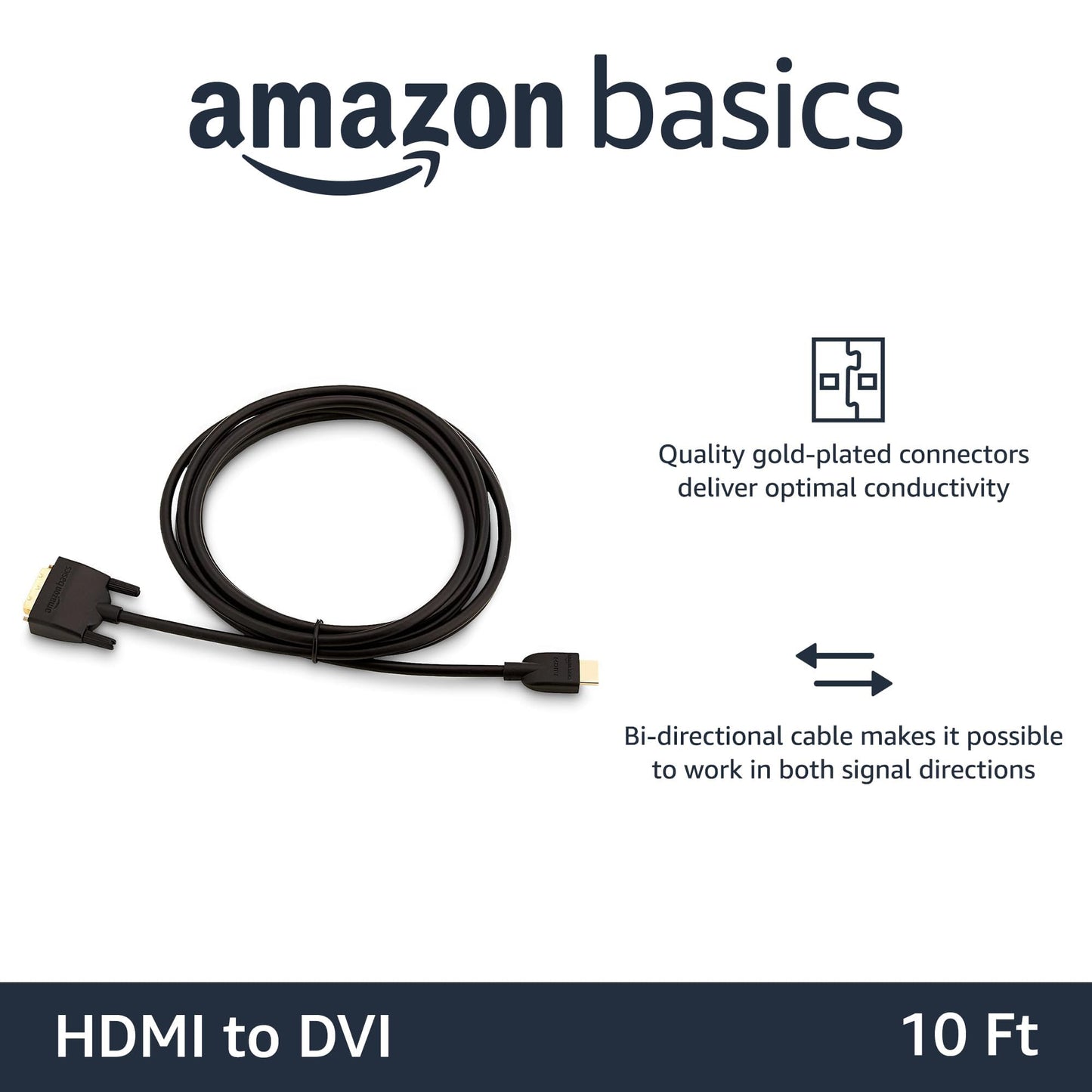Amazon Basics HDMI-A to DVI (Male) Adapter Cable, Bi-Directional 1080P, Gold-Plated, 10 ft/3 m, Single Pack, Black