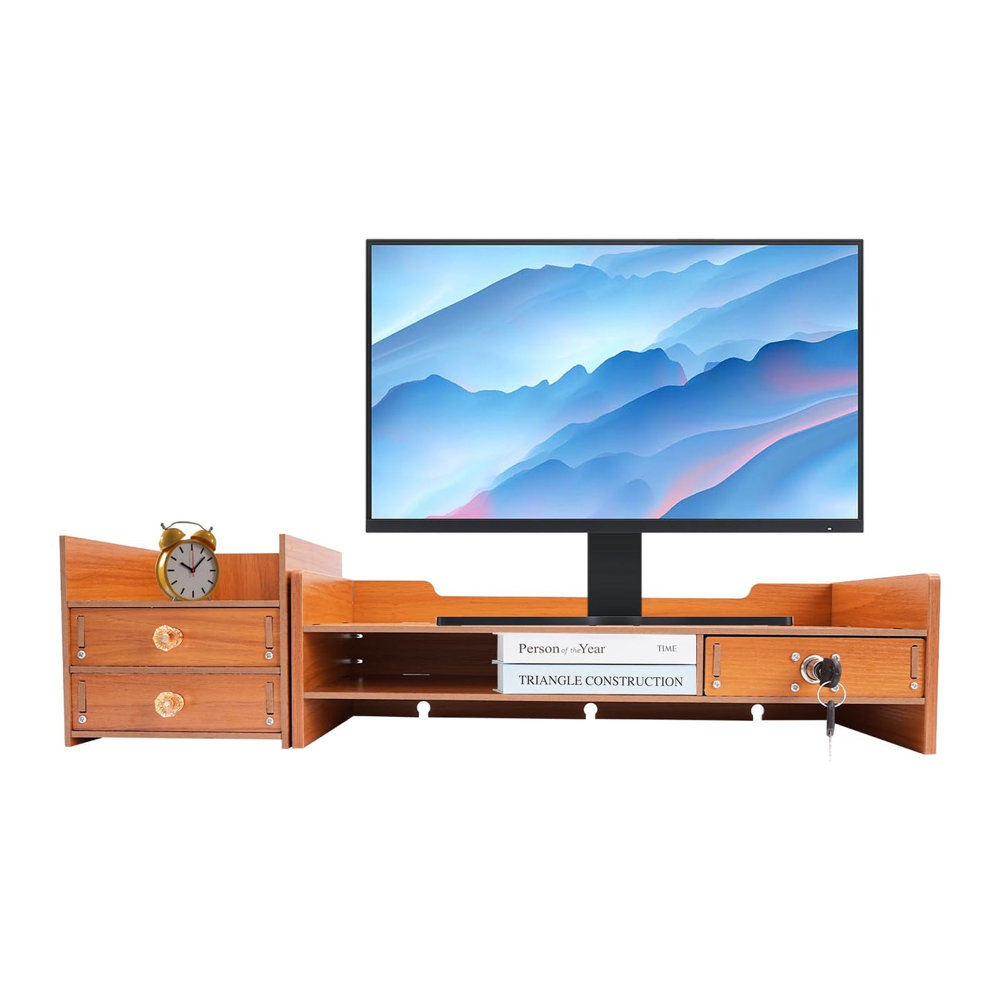 AngelcityCC Monitor Stand Riser, 3 Tiers Laptop Computer Monitor Riser, Desktop Wooden Screen Monitor Stand Riser with Drawers&Lock for Home Office