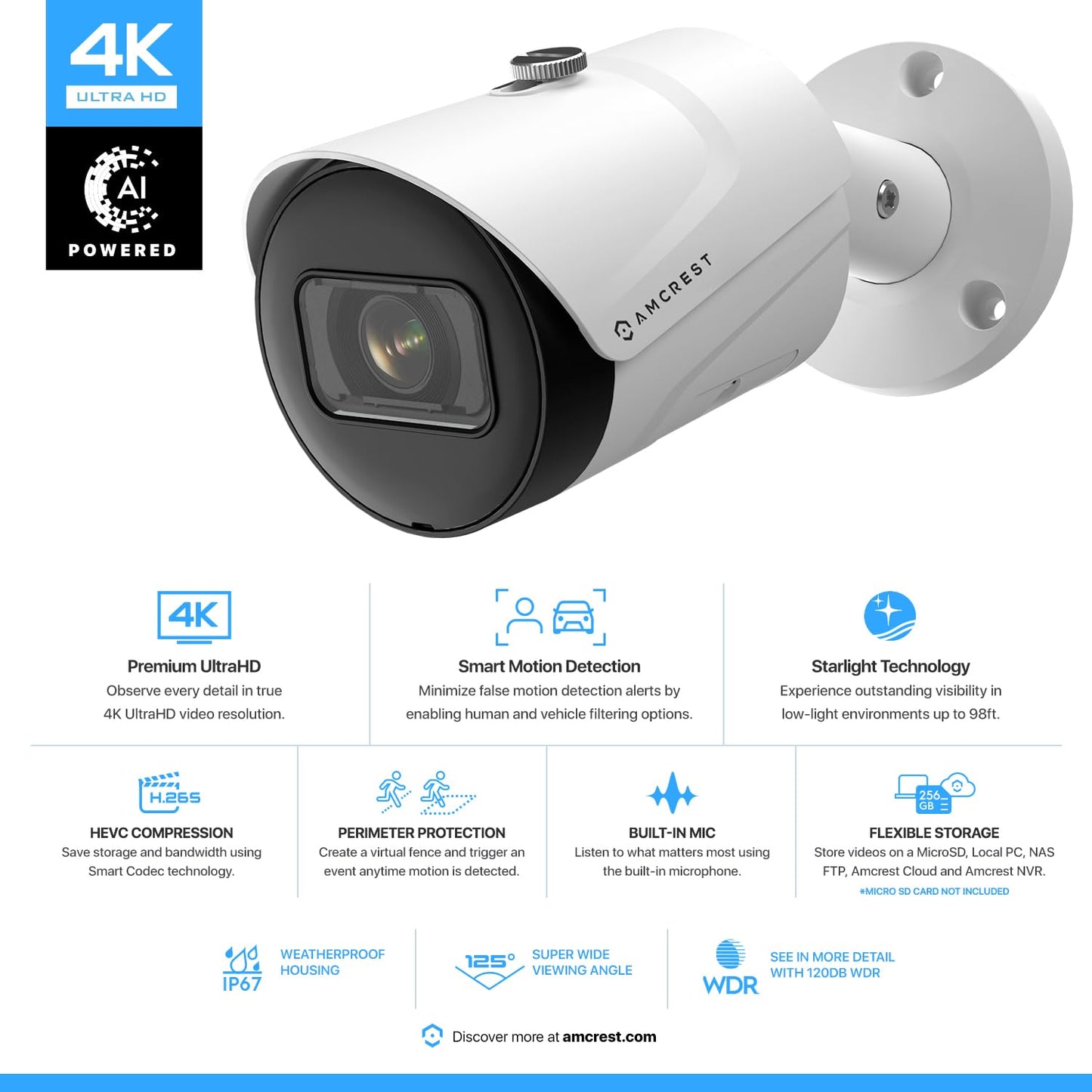 Amcrest 2-Pack UltraHD 4K (8MP) Bullet POE IP Camera, 3840x2160, 98ft NightVision, IP67 Weatherproof, 125° FOV, Supports up to 256GB MicroSD