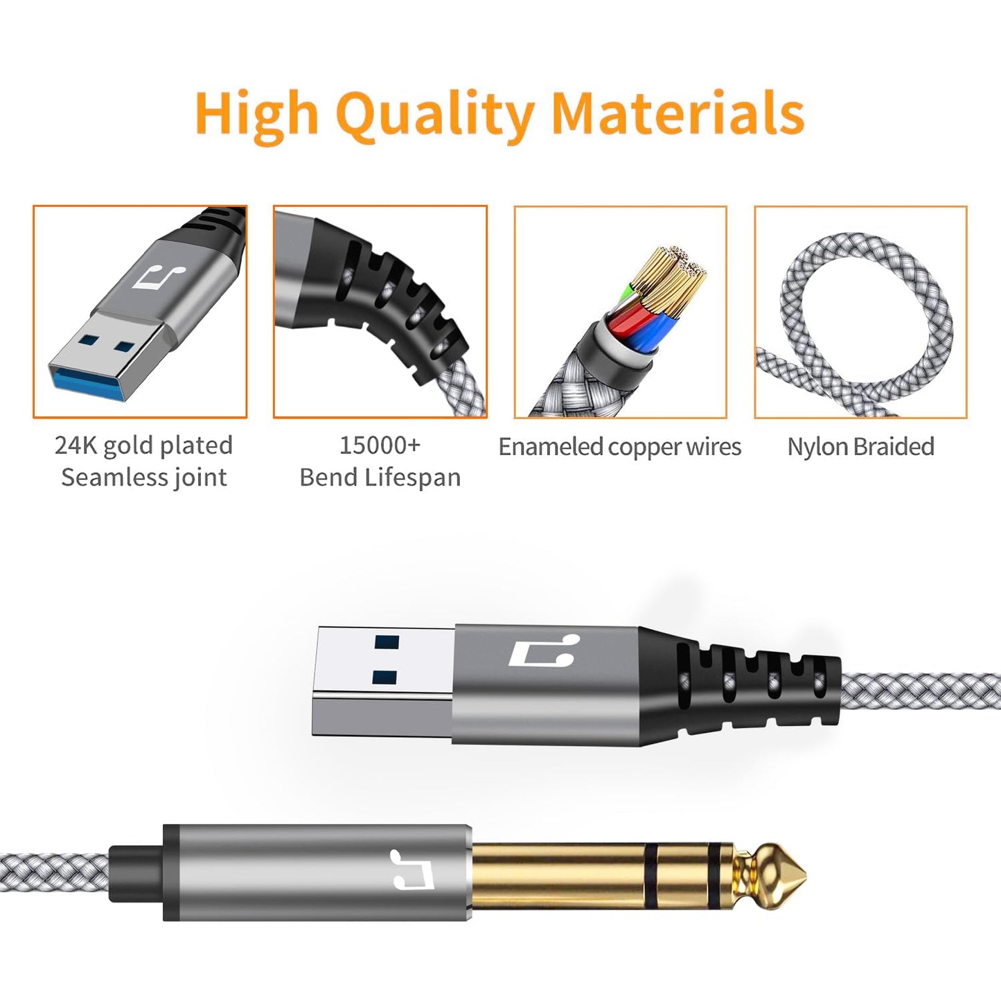 NCGGY USB to 6.35mm 1/4 inch TRS Audio Stereo Cable 6.6FT,USB-A to 1/4 Audio Adapter Aux Jack Stereo Cable for Laptop, WindowsAmplifier, Mixer, Home