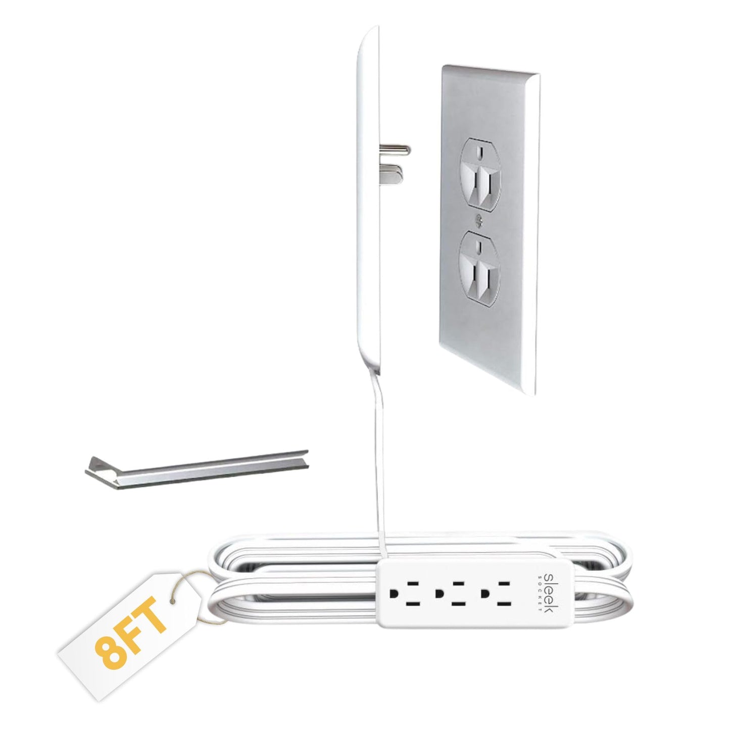 Sleek Socket No Shock Child & Pet Protector Outlet Concealer with Protective Cord Clips, Flat Extension Cord with 3 Outlets Power Strip (Safeguards