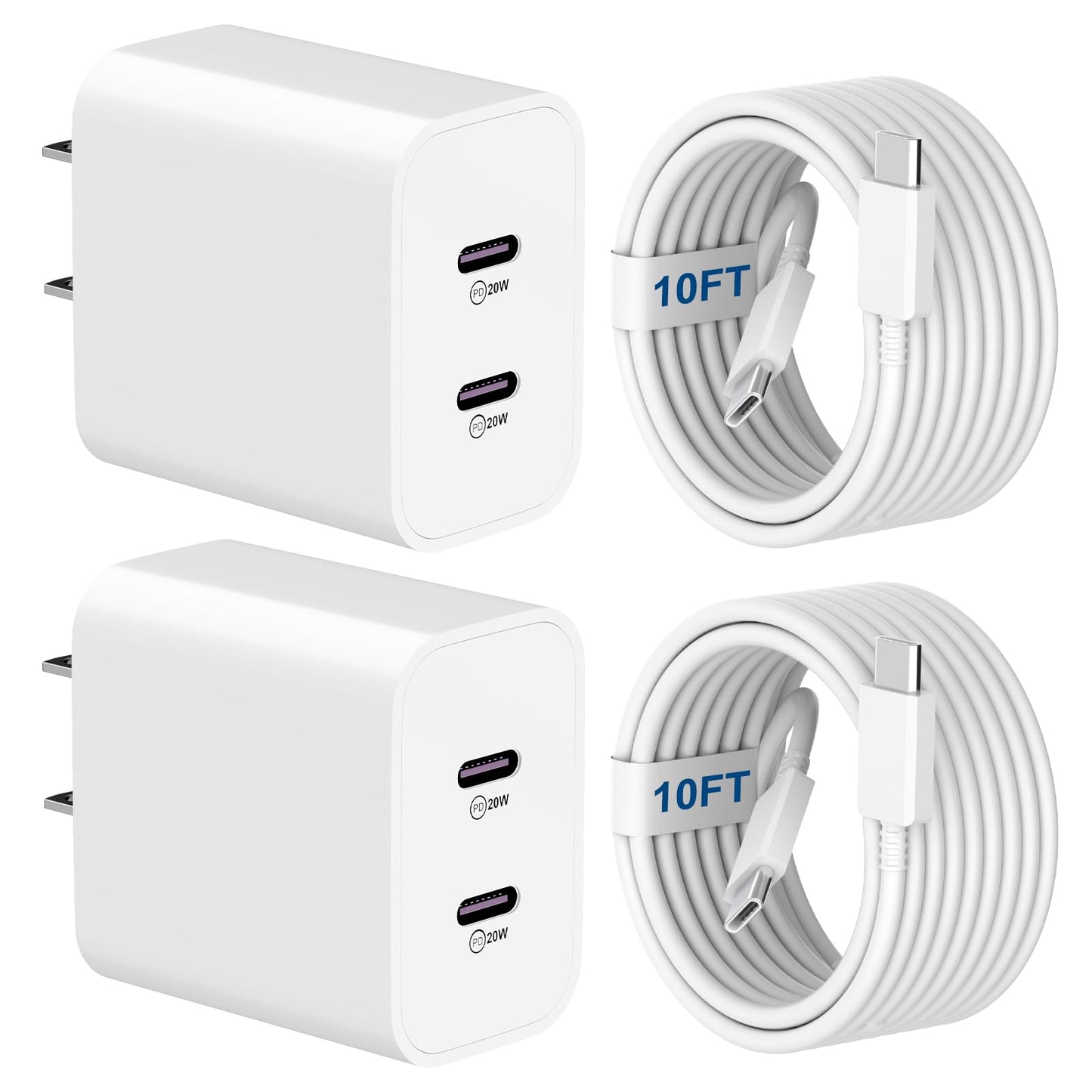 USB C Charger for i-Phone 16 Fast Charging 2-Pack 20W 2in1 Dual Port USB Charger Block with 10FT Long USB C to C Charging Cable for i-Phone 16/16