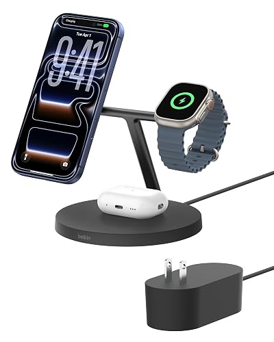 Belkin MagSafe-Compatible iPhone Charger, 3-in-1 Wireless Charging Station, Qi2-Certified 15W Wireless Charge for Apple iPhone 17 Series, Apple Watch