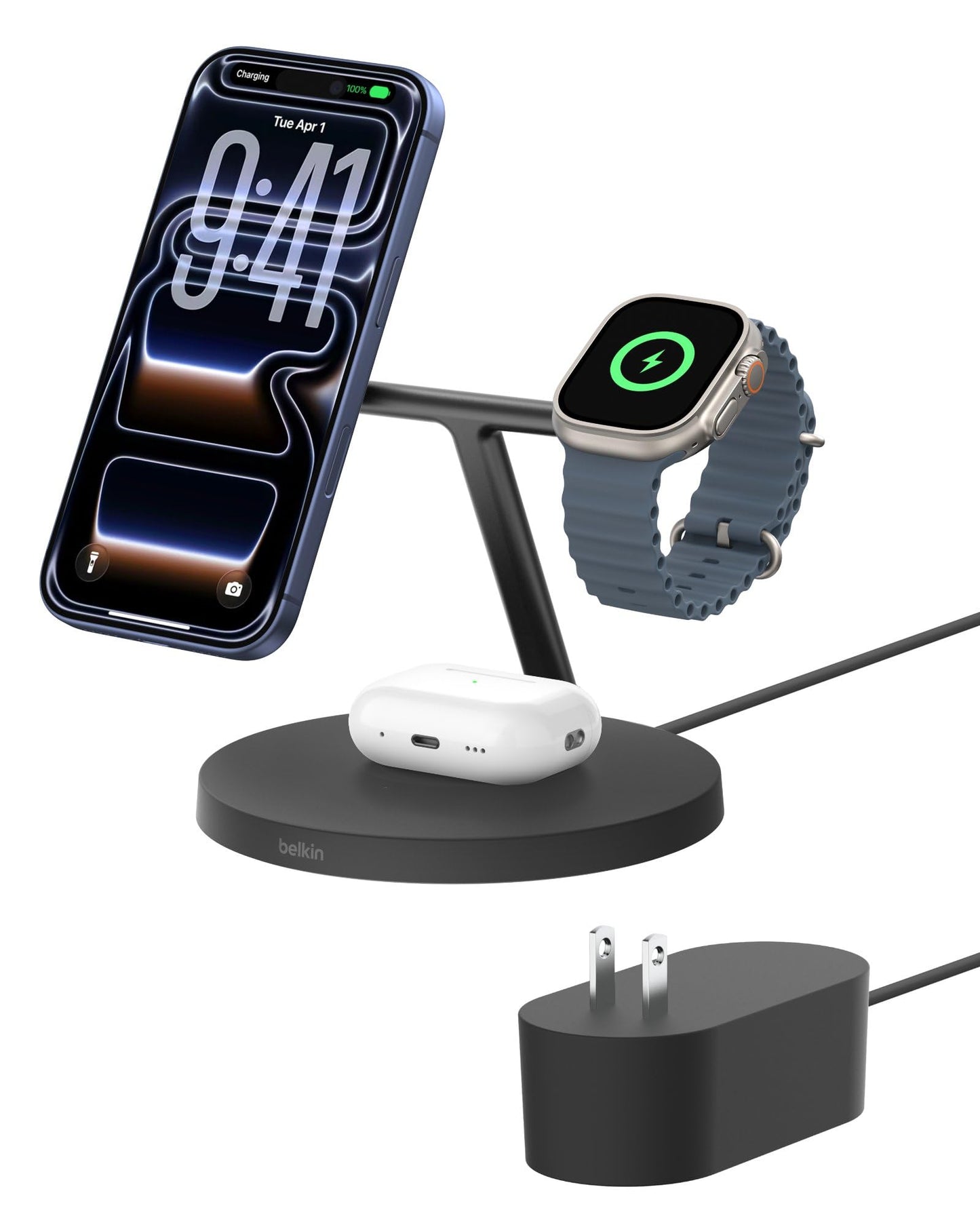 Belkin MagSafe-Compatible iPhone Charger, 3-in-1 Wireless Charging Station, Qi2-Certified 15W Wireless Charge for Apple iPhone 17 Series, Apple Watch