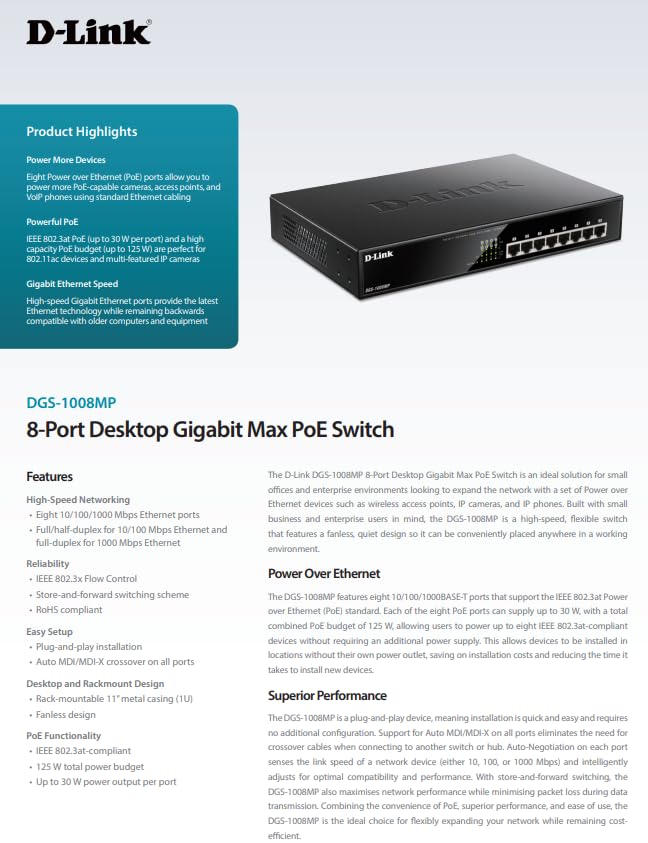 D-Link DGS-1008MP 8-Port Gigabit Unmanaged Metal Desktop Switch with 8 PoE+ Port - Up to 30 W per Port with 125 W PoE Budget