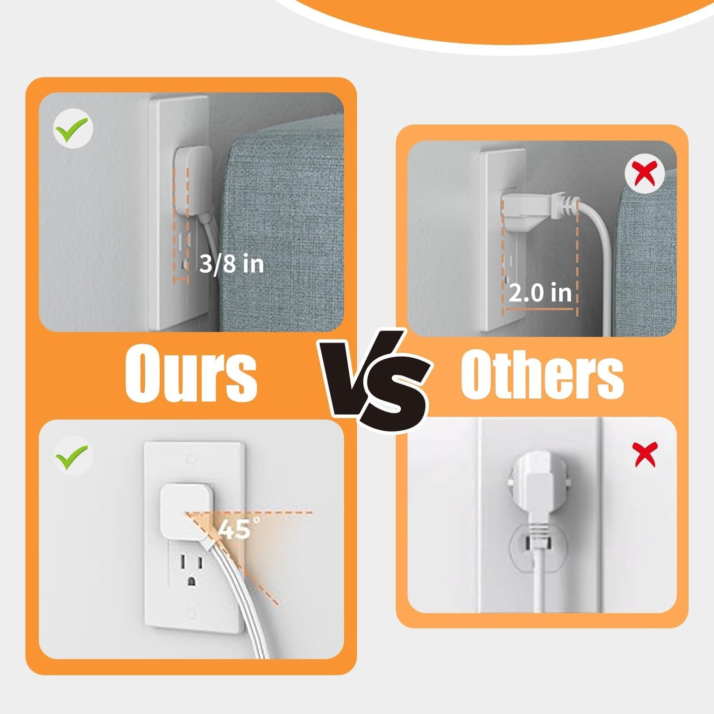Flat Plug Power Strip 6 Outlet Extender 5FT Extension Cord Three Side Outlet Splitter Wall Mount Power Strip for Home Office Dorm Room (1PCS)