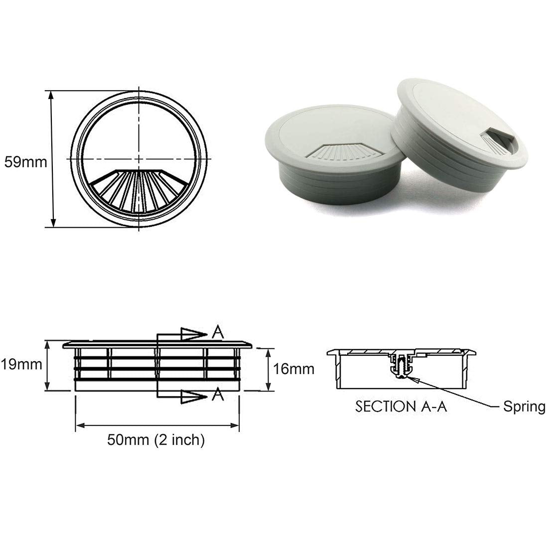 HJ Garden 2pcs 2inch Desk Wire Cord Cable Grommets Hole Cover for Office PC Desk Cable Cord Organizer Plastic Cover Grey