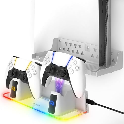 Fosmon Wall Mount Kit with Fast Charging Controller Charger Station Compatible with PS5, RGB Light, Metal Stand & Anchors Compatible with PS5 Disc
