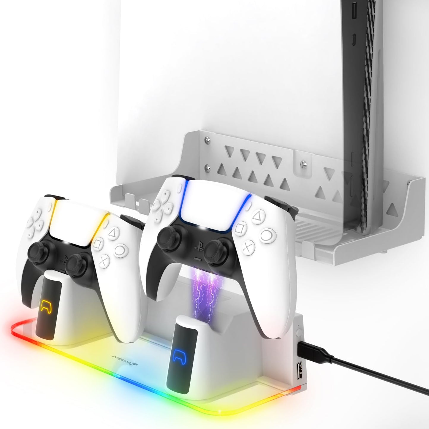 Fosmon Wall Mount Kit with Fast Charging Controller Charger Station Compatible with PS5, RGB Light, Metal Stand & Anchors Compatible with PS5 Disc