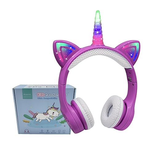 YUSONIC Unicorn Kids Headphones, Unicorn Bluetooth Headphone Foldable for Girls Boys Toddlers Tablet School Travel,Light Up Kids Wireless Headphone…