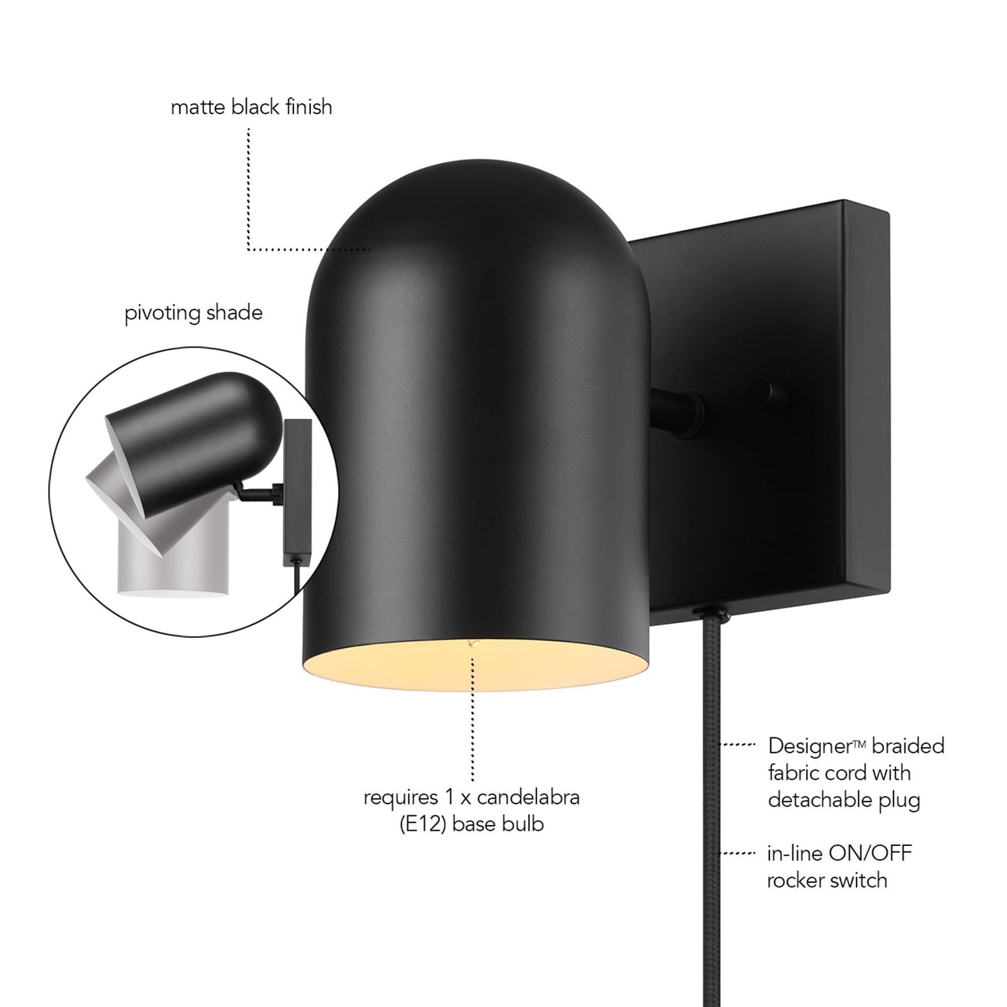 Globe Electric 65000098 1-Light Plug-in or Hardwire Wall Sconce, Matte Black, 6ft Braided Fabric Cord, in-Line Rocker Switch, Modern Lighting