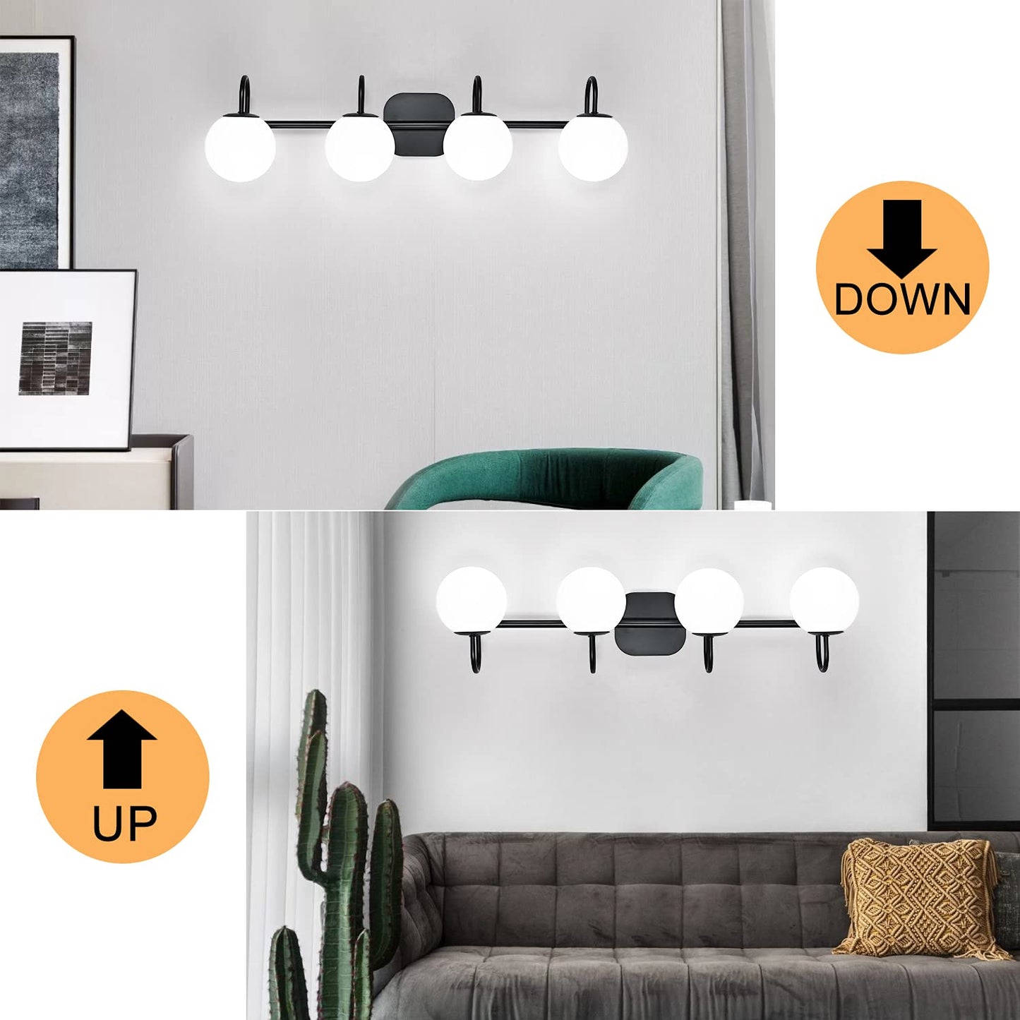 ZHUOER Vintage Bathroom Light Fixtures 4-Lights Black Mid Century Vanity Lights with Milk White Glass Globe Shade Vintage Wall Sconces Lighting Bath