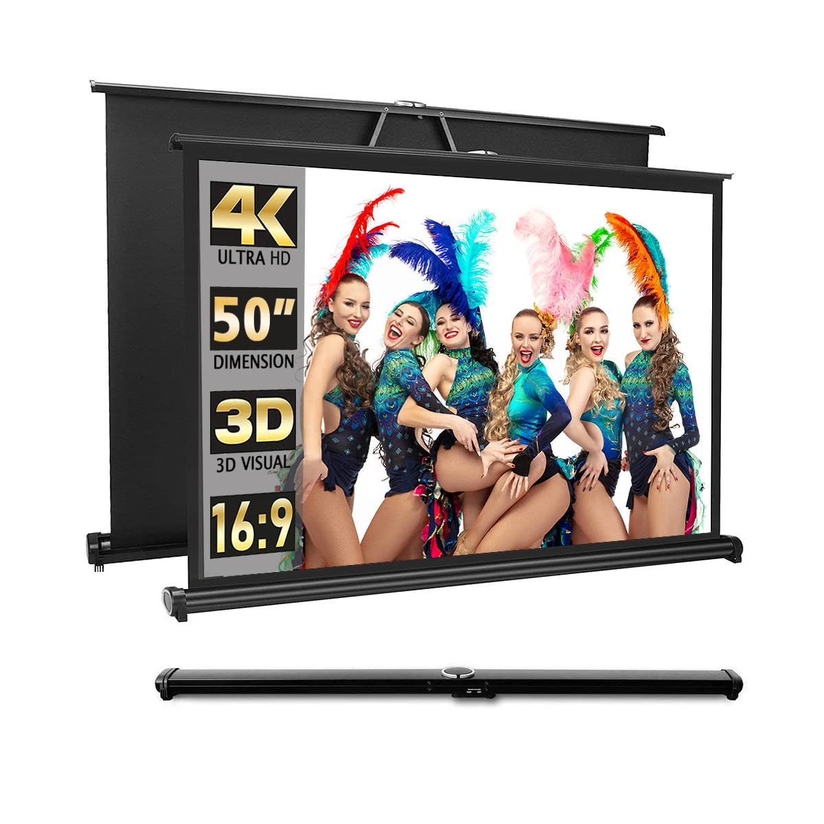 New Portable Mobile 50 Inch Projector Screen Pull Down, 16:9 Projector Screen Retractable Tabletop Screen Tripod Stand for Home Theater Meeting Room