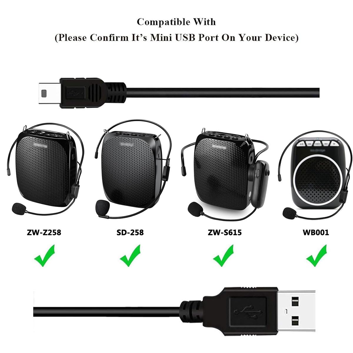 boda Voice Amplifier Charger Cable, Mini USB Charging Cable Compatible for ZOWEETEK ZW-Z258 ZW-S615 /Shidu SD-258/ WinBridge WB001 Portable Mini Voice