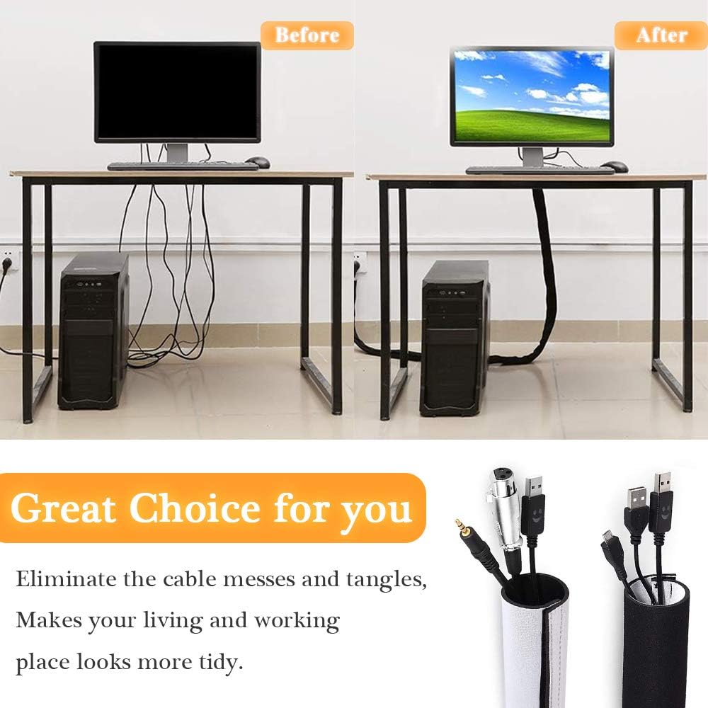 120" Neoprene Cable Management Organizer, Reversible Flexible Cuttable DIY Hole Cord Hider Cover Sleeve for Office TV Computer Home Desk Protect Wires