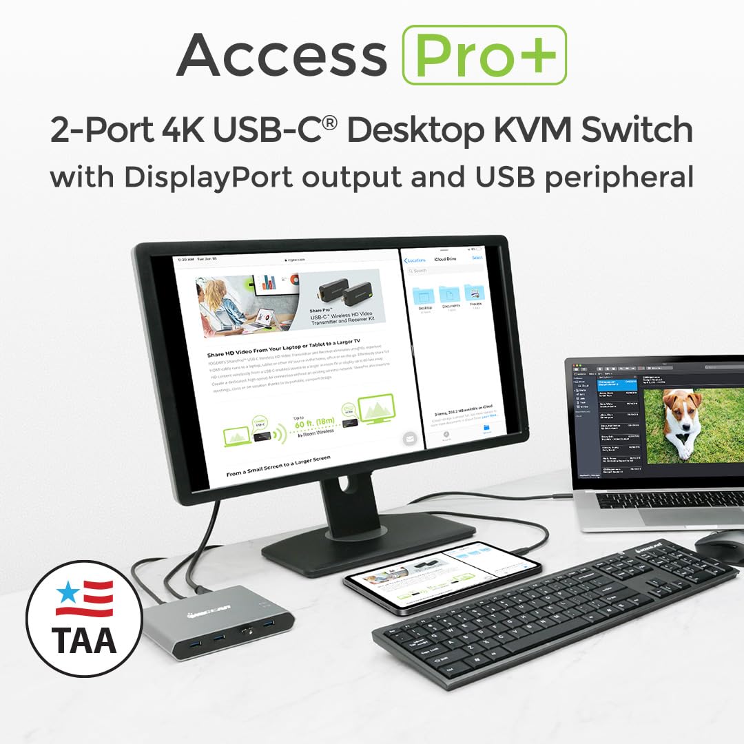 IOGEAR Access Pro Plus 2-Port USB-C KVM Switch 1 Monitor 2 Computers 4K 60Hz DisplayPort Output 4-Port USB Hub 100W Power Thunderbolt 3/4 Compatible