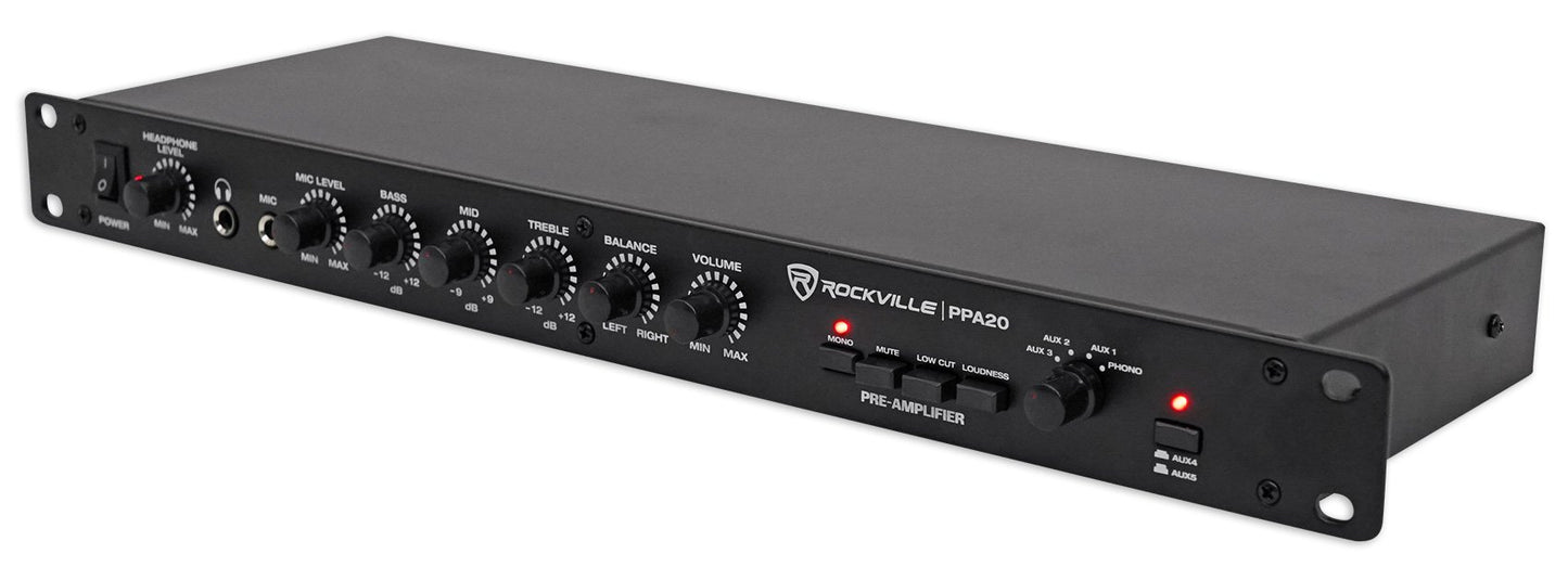 Rockville PPA20 Preamp 11V 1U Rack Mount Professional Pre-Amplifier, Phono Input, XLR Outputs, 3-Band EQ, for Home Audio and Studio Recording