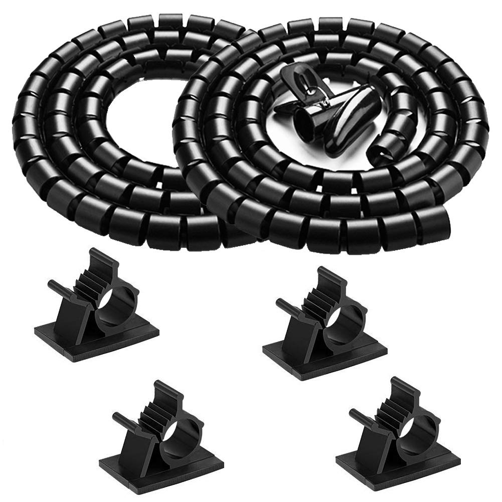 Black Computer Cable Management Wire Cover Electrical Cord Hider Solutions 2 PCS, VIWIEU Tangle Sprial Cable Tube with 4 Adhesive Cable Clips for TV