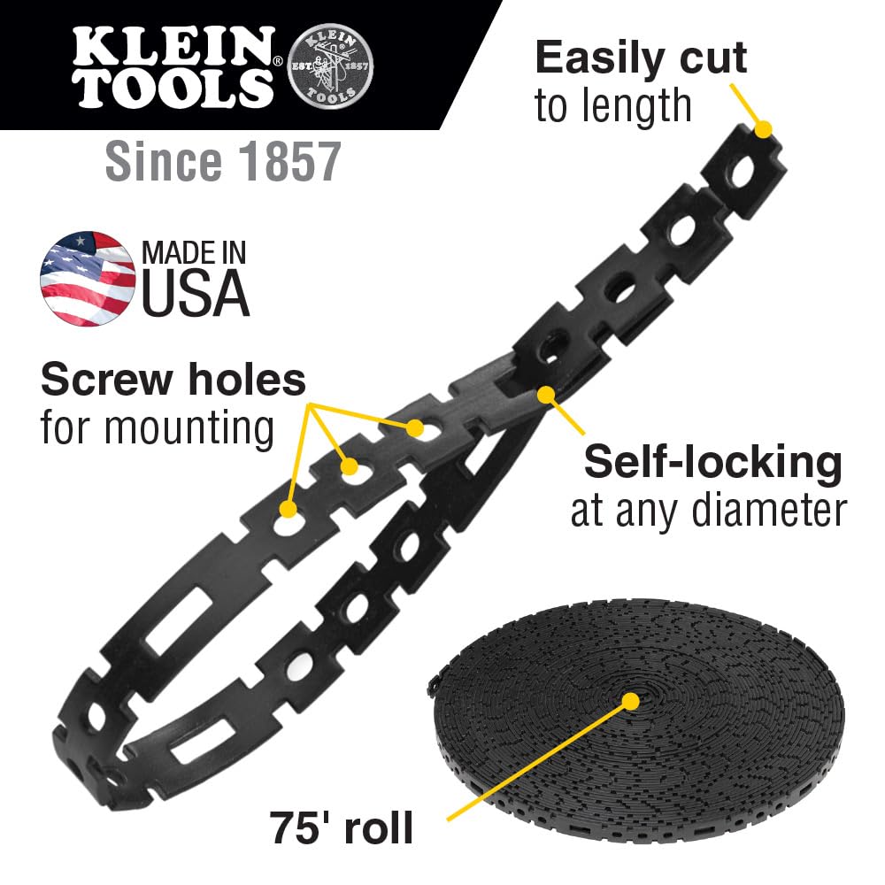 Klein Tools 450-700 Stretch Cable Tie Roll, Made in USA, Cable Management for Cord and Wire with Dispenser Box, Nylon Strap, Mountable, 75-Foot