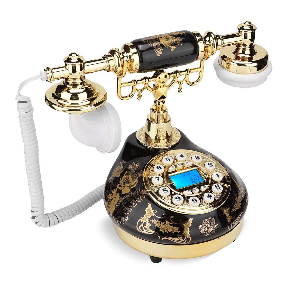 Antique Phone, Retro Ceramic Gold Flower Pattern Old Classic Landline Telephone with Dual/DTMF System Caller ID Backlit Display for Office Home Living