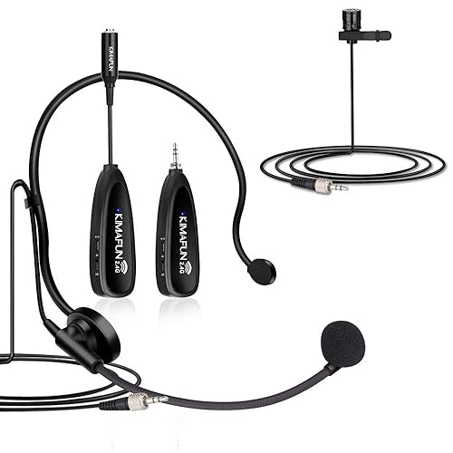 KIMAFUN Wireless Microphone System, 2.4G Wireless Headset and Lavalier Lapel Microphones for iPhone, Android Phone, Laptop and Speaker, Designed for