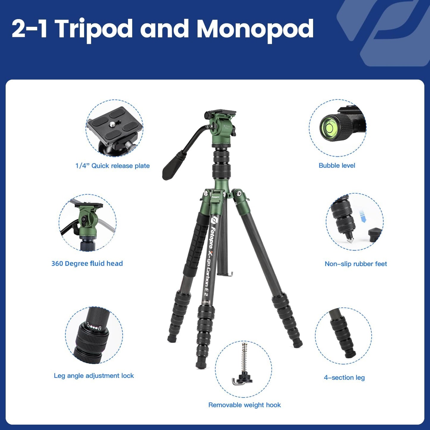 Fotopro 59" Carbon Fiber Travel Tripod with Fluid Head Detachable Monopod with Quick Release Plate and Bag Camera Tripod Load up to 8KG/17.63lbs X-go