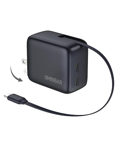 Omnibar USB C Retractable Wall Charger, 67W Max 3 in 1 GaN Fast Charging Block with Foldable Plug, Compact PD PPS USB C Charger Block for iPhone