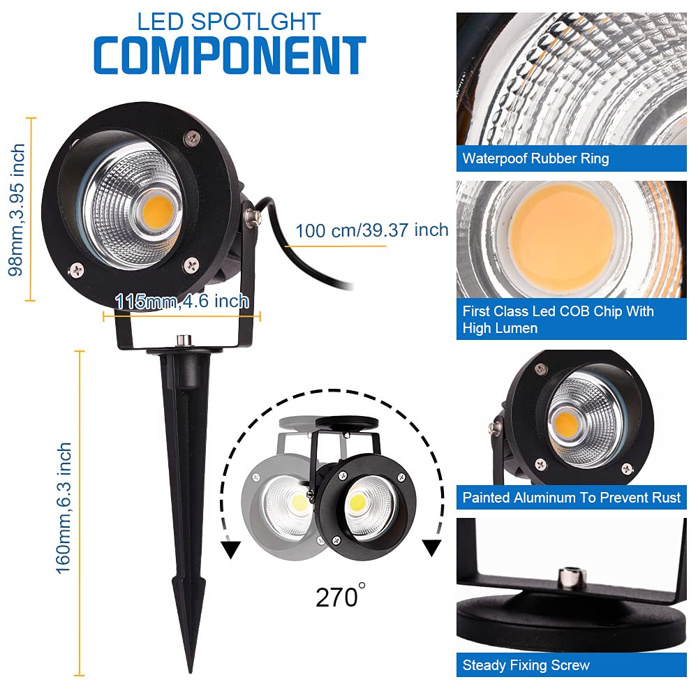 ELEGLO 18W Low Voltage Landscape Lighting LED Spotlight Outdoor 12V~24V AC/DC Waterproof Landscape Lights Spot Lights for Yard with Spiked Stake Warm