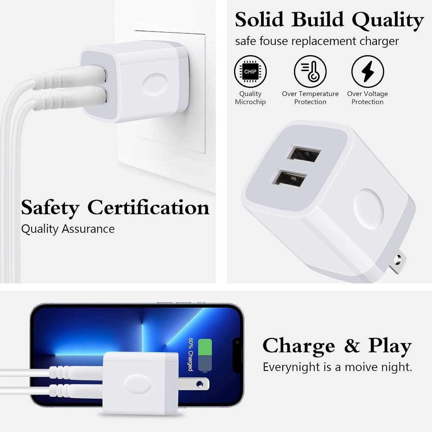 Wall Charger,USB Brick 3Pack 2.1A/5V Dual Port USB Plug Charger Cube Power Adapter Fast Charging Block for iPhone 17 16e 16 15 14 13 12 Pro Max 8 7 6