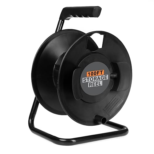 Thonapa Extension Cord Storage Reel, Black - Portable Cable Reel with Metal Stand, Holds Up to 100 Ft of Electrical Cord, Hose, Rope