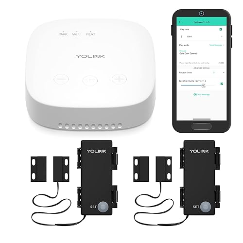YoLink LoRa Smart Outdoor Contact Sensor & SpeakerHub Starter Kit: SpeakerHub Audio hub, (2) Gate & Shed Door Sensors, Email/SMS/Push Alerts, 1/4 Mile