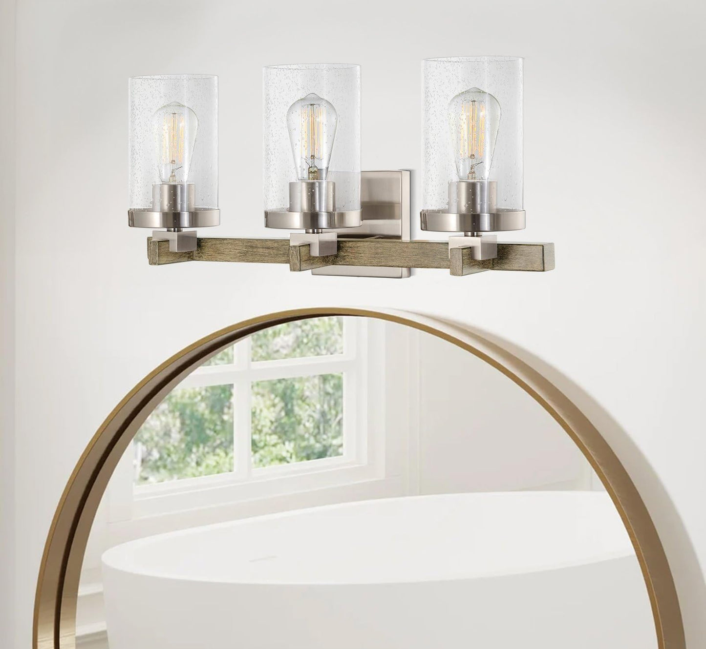 Kira Home Concord 22" 3-Light Farmhouse Vanity Light with Seeded Glass Cylinder Shades, Hand-Painted Wood Grain Metal Bathroom Light, Reclaimed Oak