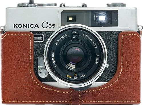 C35 Case, BolinUS Handmade Genuine Real Leather Half Camera Case Bag Cover for Konica C35/C35 Automatic/C35 Flashmatic Camera With Hand Strap (Brown)