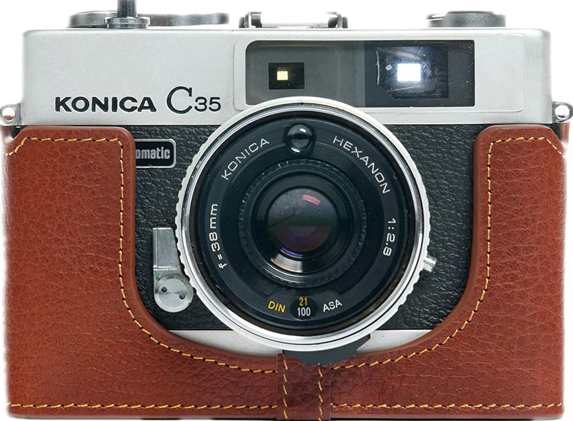 C35 Case, BolinUS Handmade Genuine Real Leather Half Camera Case Bag Cover for Konica C35/C35 Automatic/C35 Flashmatic Camera With Hand Strap (Brown)