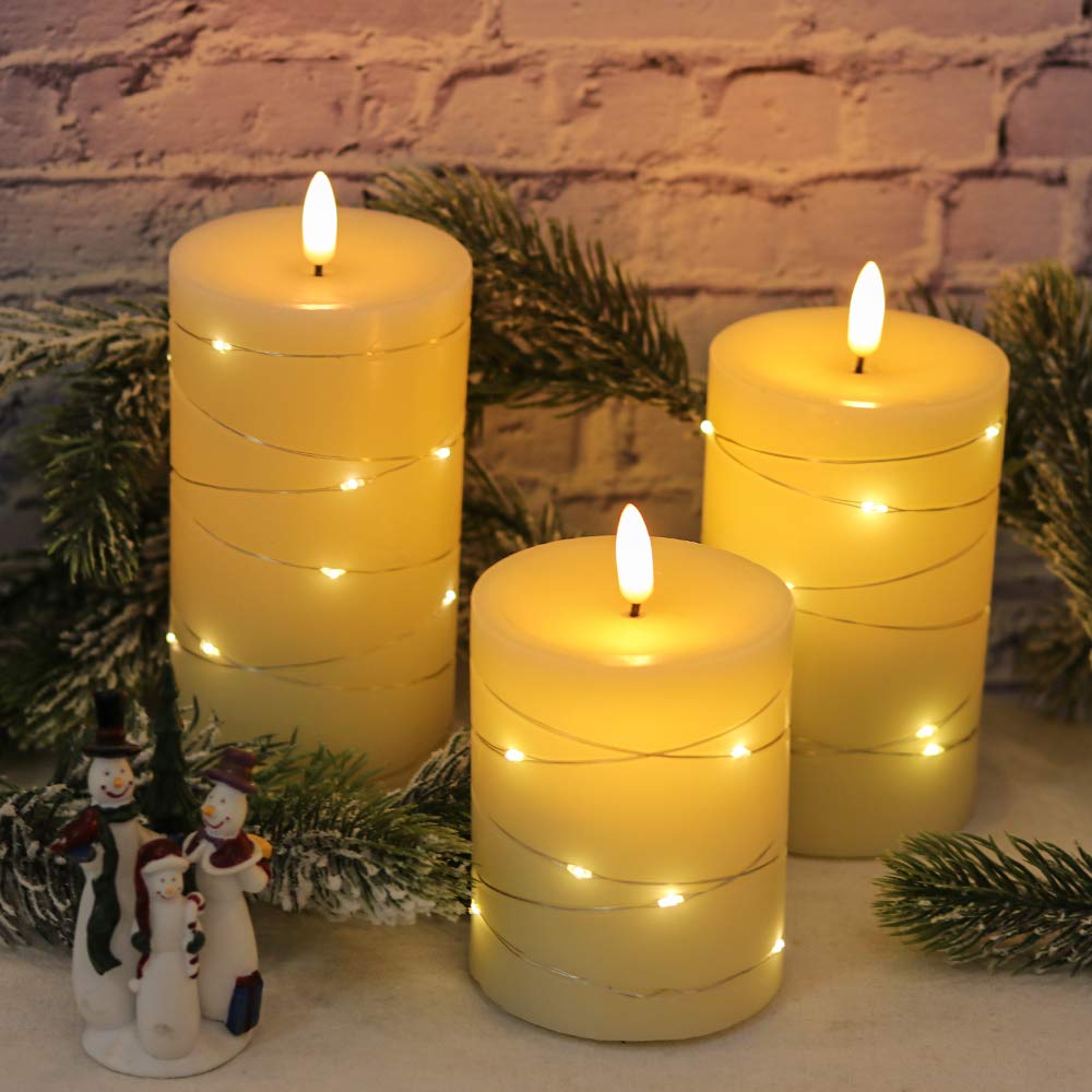 Eldnacele Flameless Candles Battery Operated with Remote and Timer, 3D Wick Flickering Embedded String Lights Real Wax LED Pillar Candles Christmas