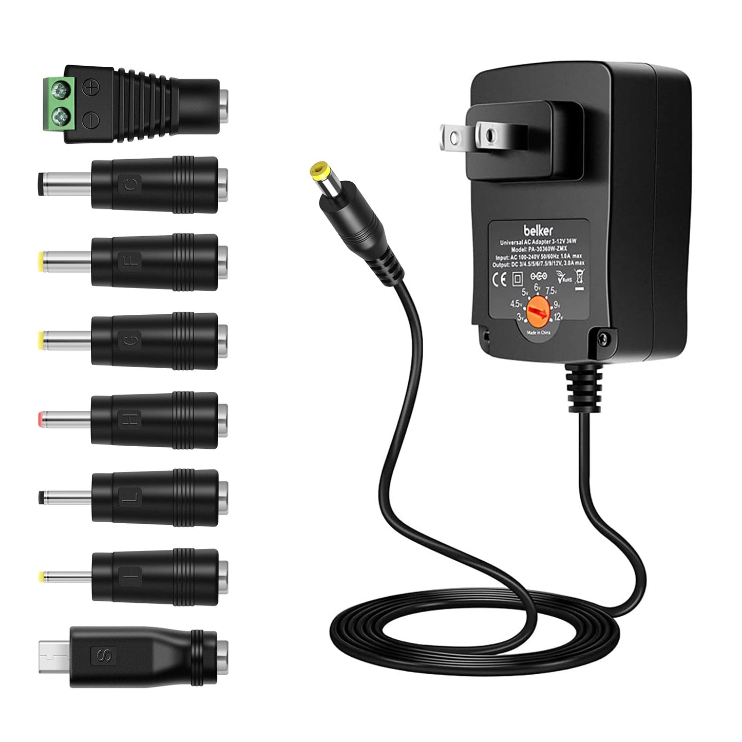 Belker 36W Universal 3V 4.5V 5V 6V 7.5V 9V 12V AC DC Adapter Power Supply for LCD LED Light Strip Router HUB Speaker Smart Phone TV Box 1A 1.5A 2A…