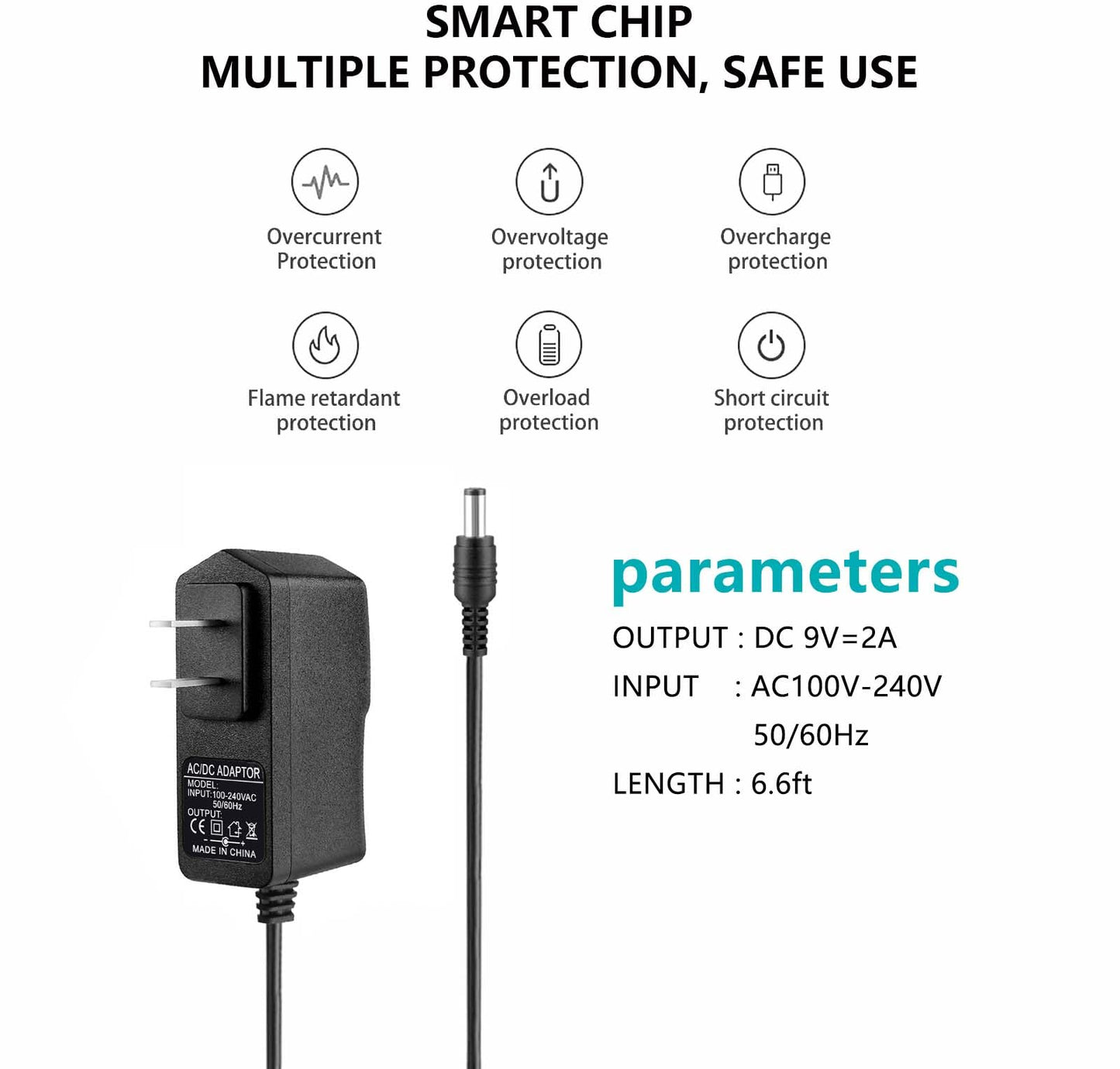 9V 2A AC Adapter with 6ft Cord and Advanced Safety Protections - Compatible with Routers, LED Strip Lights, Speakers & More | 100V-240V Input…