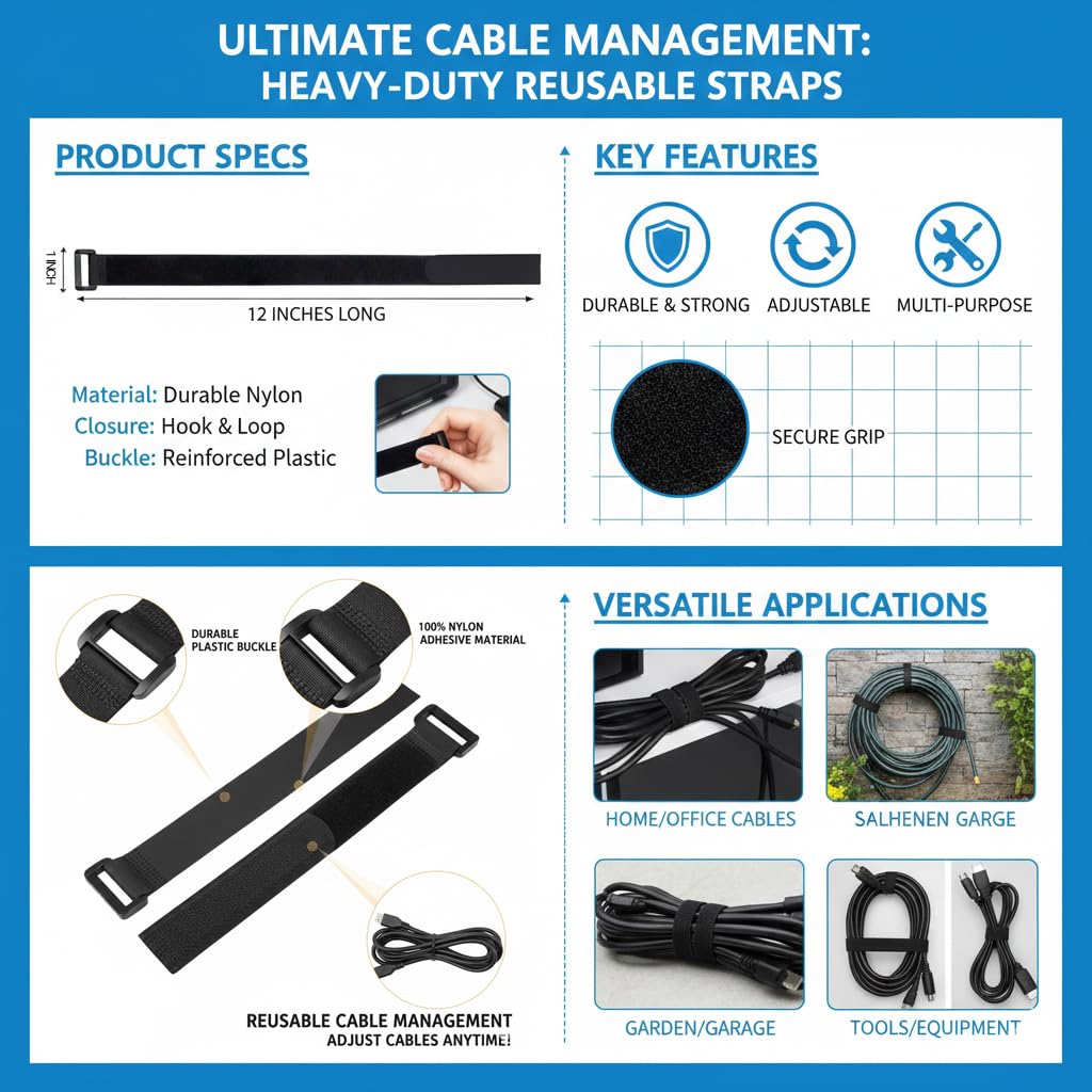 Performore Heavy-Duty Adjustable Nylon Cinch Straps | 12-Pack Durable Hook-and-Loop Fastening Cable Ties | Reusable Multi-Purpose Cord Bundlers |