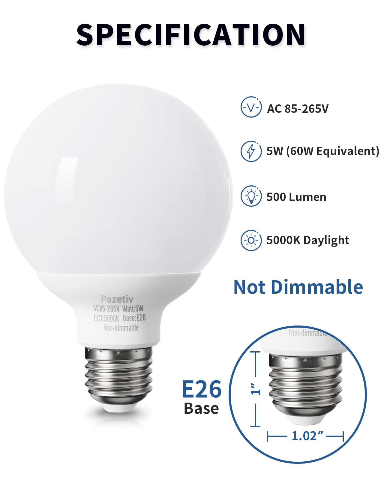 Daylight LED Globe Light Bulbs for Bathroom, 60 watt Equivalent, E26 Base