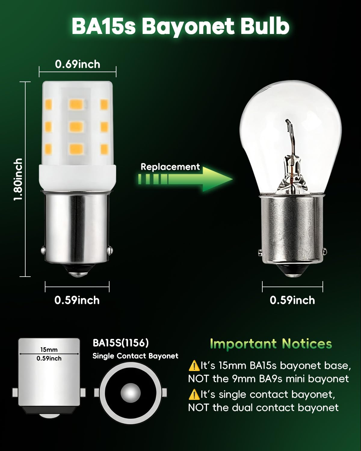 Makergroup 1156 1141 LED Light Bulbs, Weatherproof BA15S S8 SC Bayonet Single Contact Base, 2W Warm White 2700K-3000K 12V for Outdoor Landscape Deck