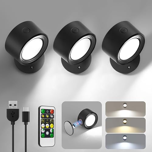 Lightbiz LED Wall Mounted Lights 3 Pcs with Remote, Wall Sconces Lamp 3000mAh Rechargeable Battery Operated, 3 Color Temperatures & Dimmable Magnetic