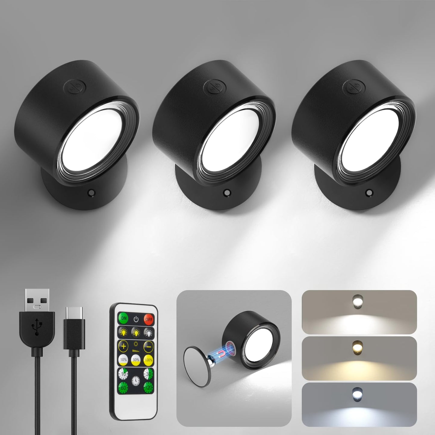 Lightbiz LED Wall Mounted Lights 3 Pcs with Remote, Wall Sconces Lamp 3000mAh Rechargeable Battery Operated, 3 Color Temperatures & Dimmable Magnetic