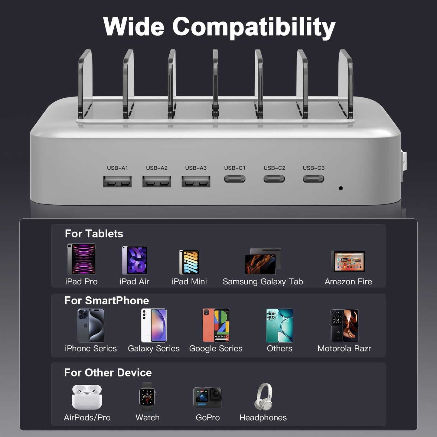 MSTJRY 90W 6-Port USB C Fast Charging Station for Multiple Devices, Multi PD Charger Station for iPhone iPad Tablet Phone, Charging Dock Organizer