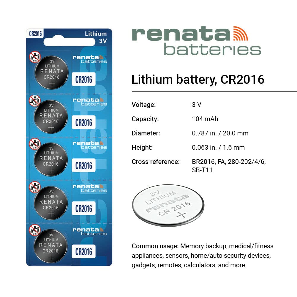 Renata CR2016 Batteries - 3V Lithium Coin Cell 2016 Battery (5 Count)