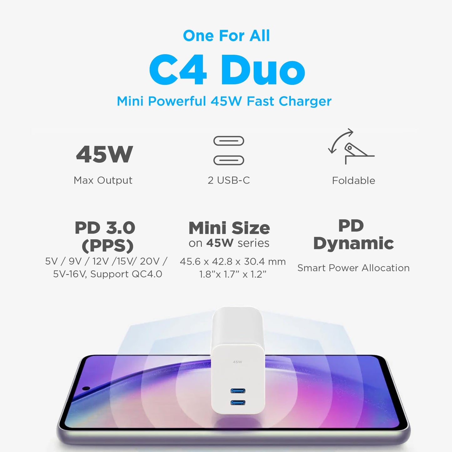Innergie C4 Duo 45W Dual Port USB C Charger Block, GaN PD3.0 PPS Fast Charging for Samsung Galaxy S25, iPhone 17, Air, Pro, Pro Max, iPad, MacBook