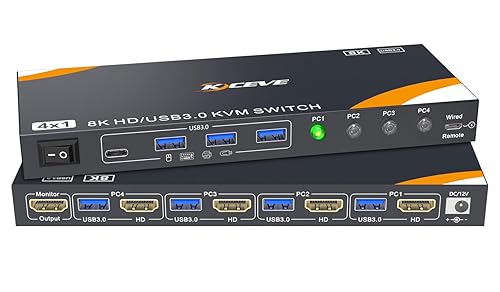 KCEVE USB 3.0 KVM Switch 4 Computers 1 Monitor HDMI 8K@60Hz, 4K@144Hz, KVM Switch 4 Port for 4 Computer Share Keyboard Mouse, Power Adapter, Wired