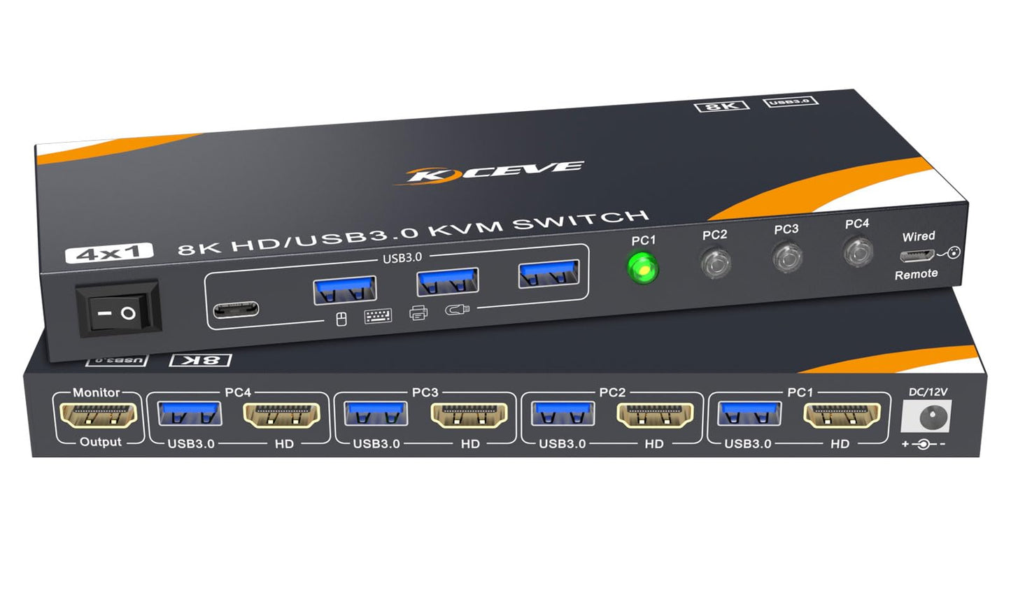 KCEVE USB 3.0 KVM Switch 4 Computers 1 Monitor HDMI 8K@60Hz, 4K@144Hz, KVM Switch 4 Port for 4 Computer Share Keyboard Mouse, Power Adapter, Wired